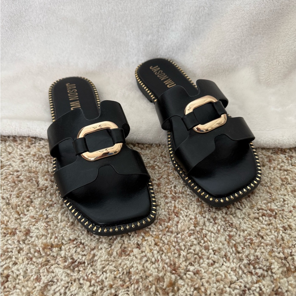 Jason Wu Black Sandals with Gold Buckle